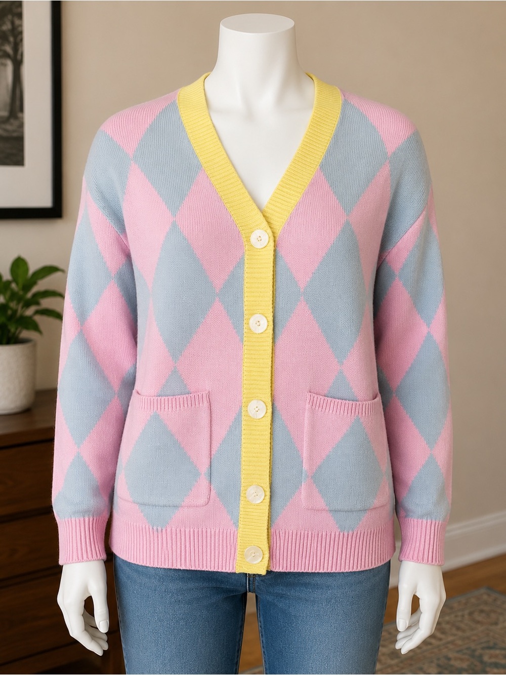 Steady Hands Pastel Argyle V-Neck Cardigan Sweater - Pink/Blue with Yellow Trim